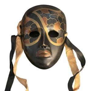 Vintage Brass Hand-Painted Masquerade Mardi Gras Theatre Mask Boho Wall Art Boho